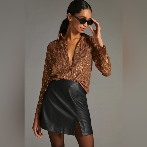 Anthropologie Remie Sequin Button Front Shirt Blouse Large Gold Bronze Top - Picture 12 of 13